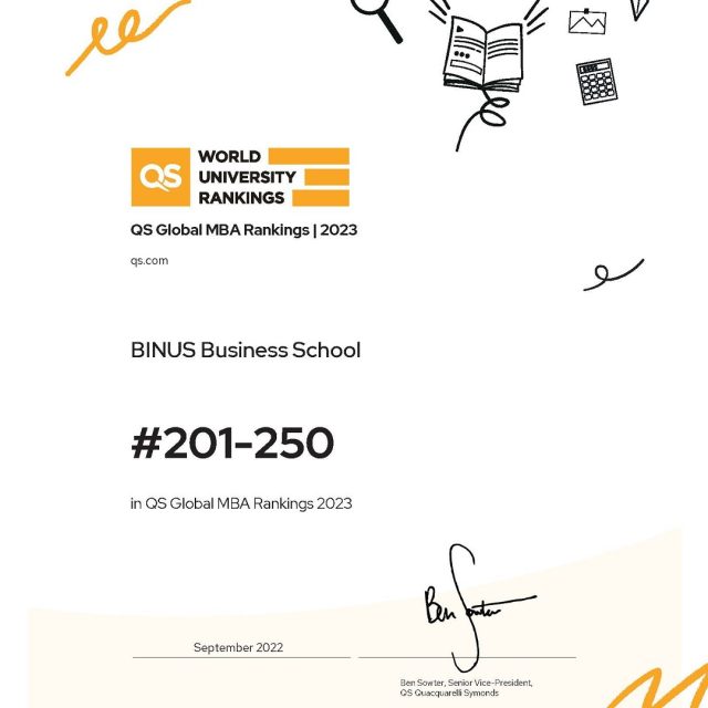 BINUS Business School's Master's Program placed 201–250 in the QS Global MBA Rankings 2023 category. As for the QS Global MBA Rankings 2023 Asia region, it ranked #33-40.