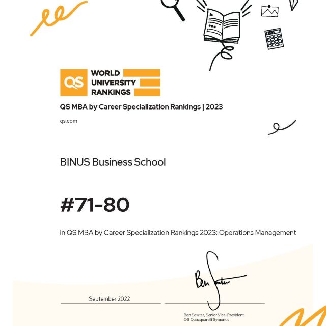 In addition to participating in the most prestigious QS Global MBA Rankings, the BINUS Business School Master's Program is also included in the QS MBA by Career Specialization Rankings category. On this inaugural occasion, BINUS Business School Master's Program was ranked #71-80 for Operation Management specialization.