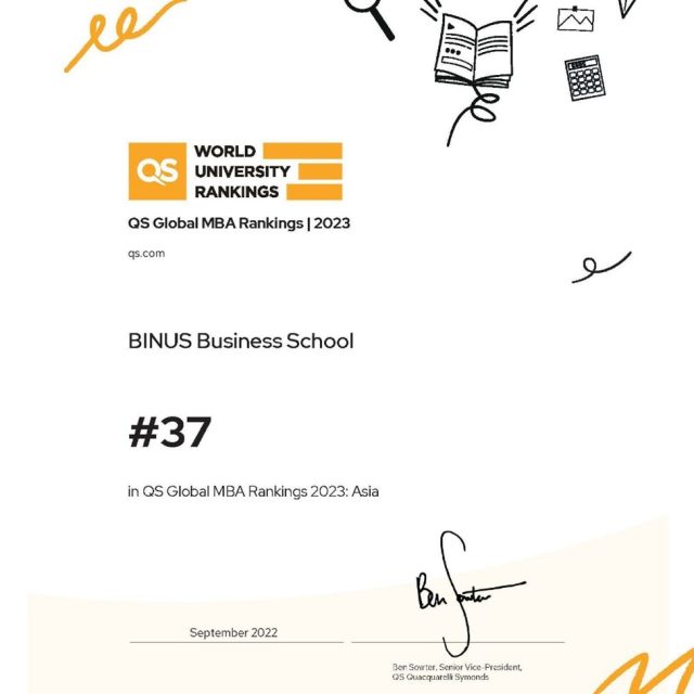 Untuk kategori QS Global MBA University Rankings 2023: Asia, BINUS Business School Master’s Program berhasil berada pada urutan #37