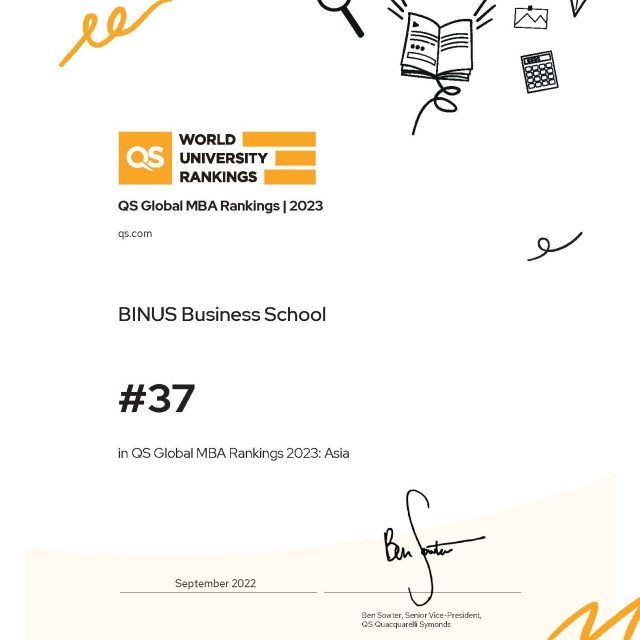 For the QS Global MBA University Rankings 2023: Asia category, BINUS Business School Master's Program successfully ranked #37. Meanwhile, at the global level, BINUS University's flagship program is ranked #201-250.