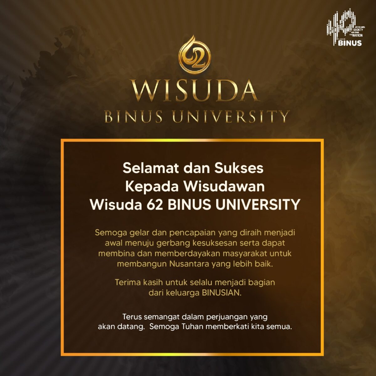 SELAMAT dan SUKSES Kepada WISUDAWAN pada Wisuda ke 62 BINUS UNIVERSITY ...