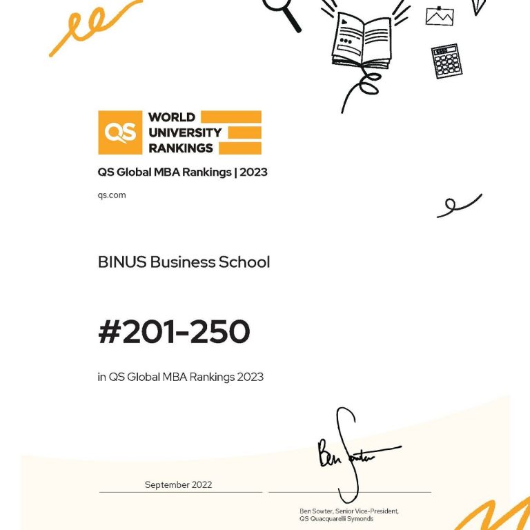 BINUS Business School Listed Top 250 In QS Global MBA Rankings 2023